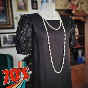 Leslie Fay Black Dress Vintage 70s Lace Sequin Puff Sleeve ILGWU Union Made‎ 8